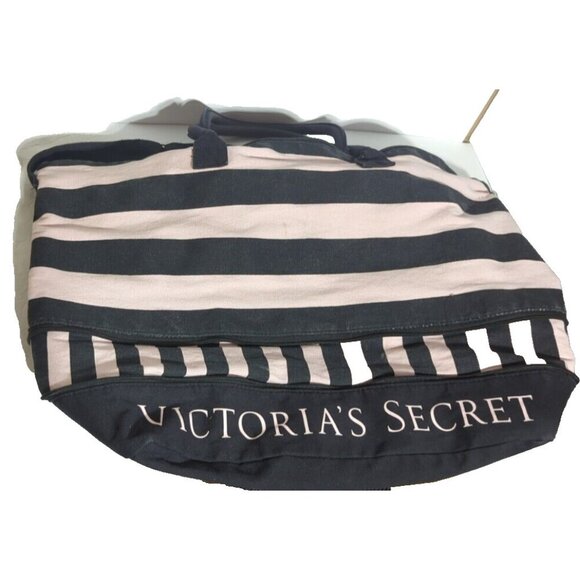 Victoria’s Secret Expandable Weekender Tote Bag Pink/Black Stripe Shoulder Strap - Picture 2 of 10